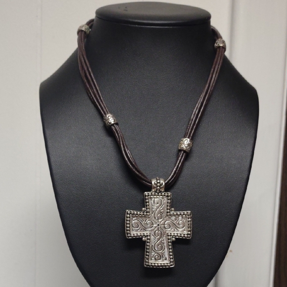 Jewelry - Silver  Tone Cross Pendant On Leather Rope Necklace
